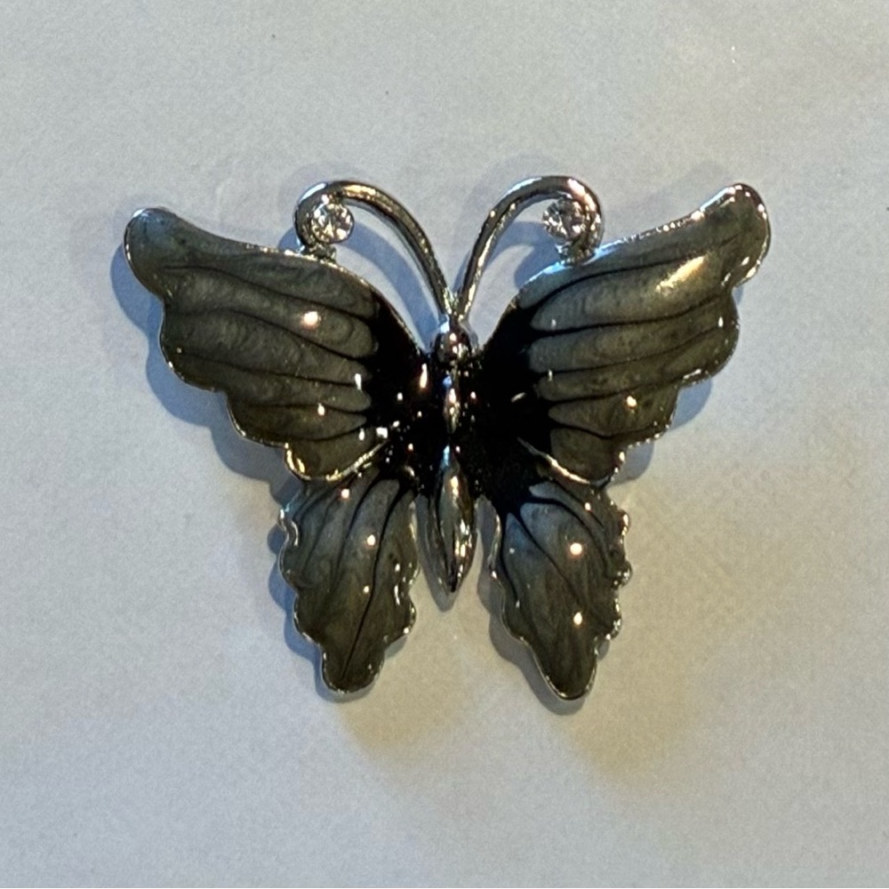 Elegant Enamel Gray And Silver Tone Butterfly Brooch